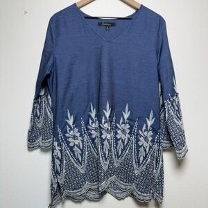 Caleesa Women Cotton Tunic Top M Blue Embroidered Eyelet Western Boho Lagenlook